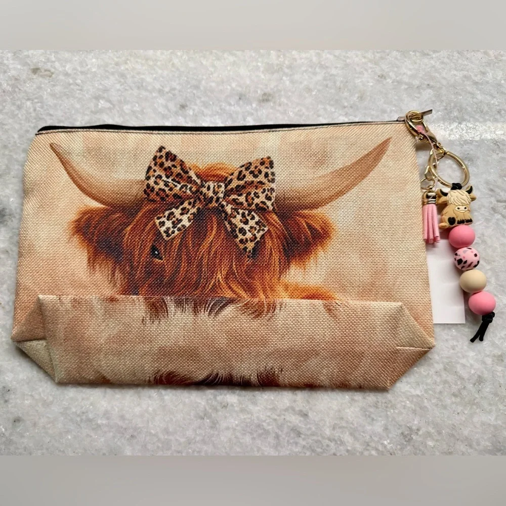 New Highland Cow w/ Leopard Bow Makeup Tech Pencil Bag w/ Pink Keychain - 10.5”
